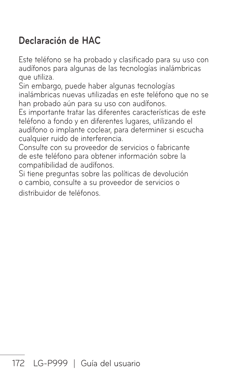 Declaración de hac | LG P999 User Manual | Page 332 / 336