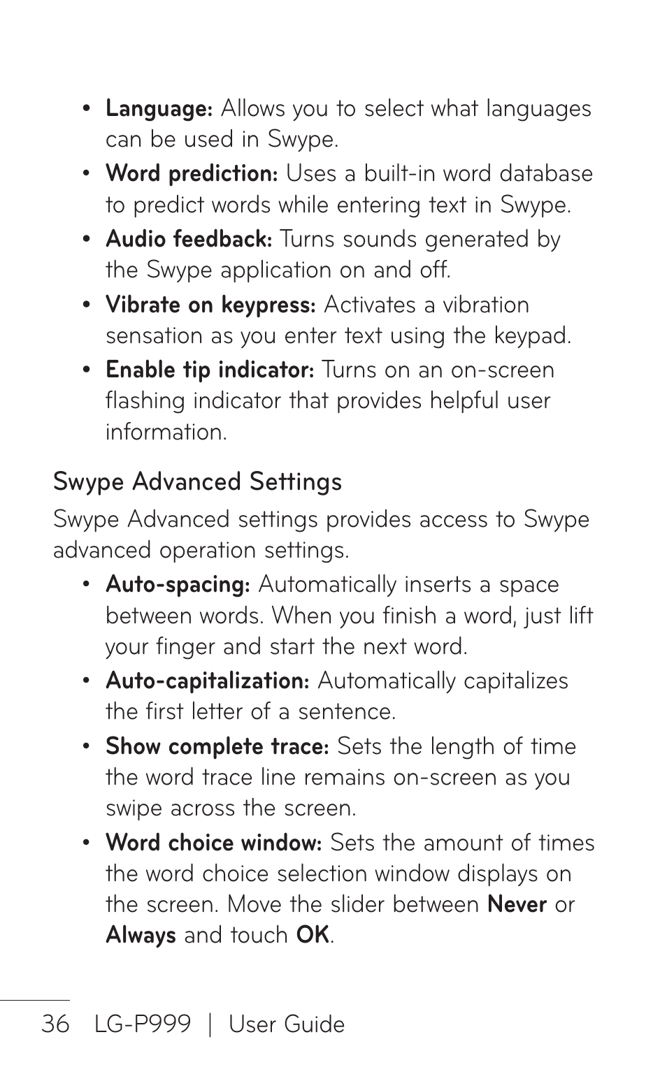 LG P999 User Manual | Page 36 / 336