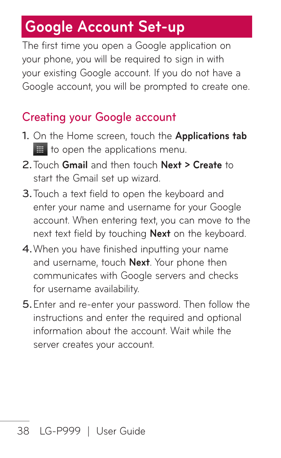 Google account set-up, Creating your google account | LG P999 User Manual | Page 38 / 336