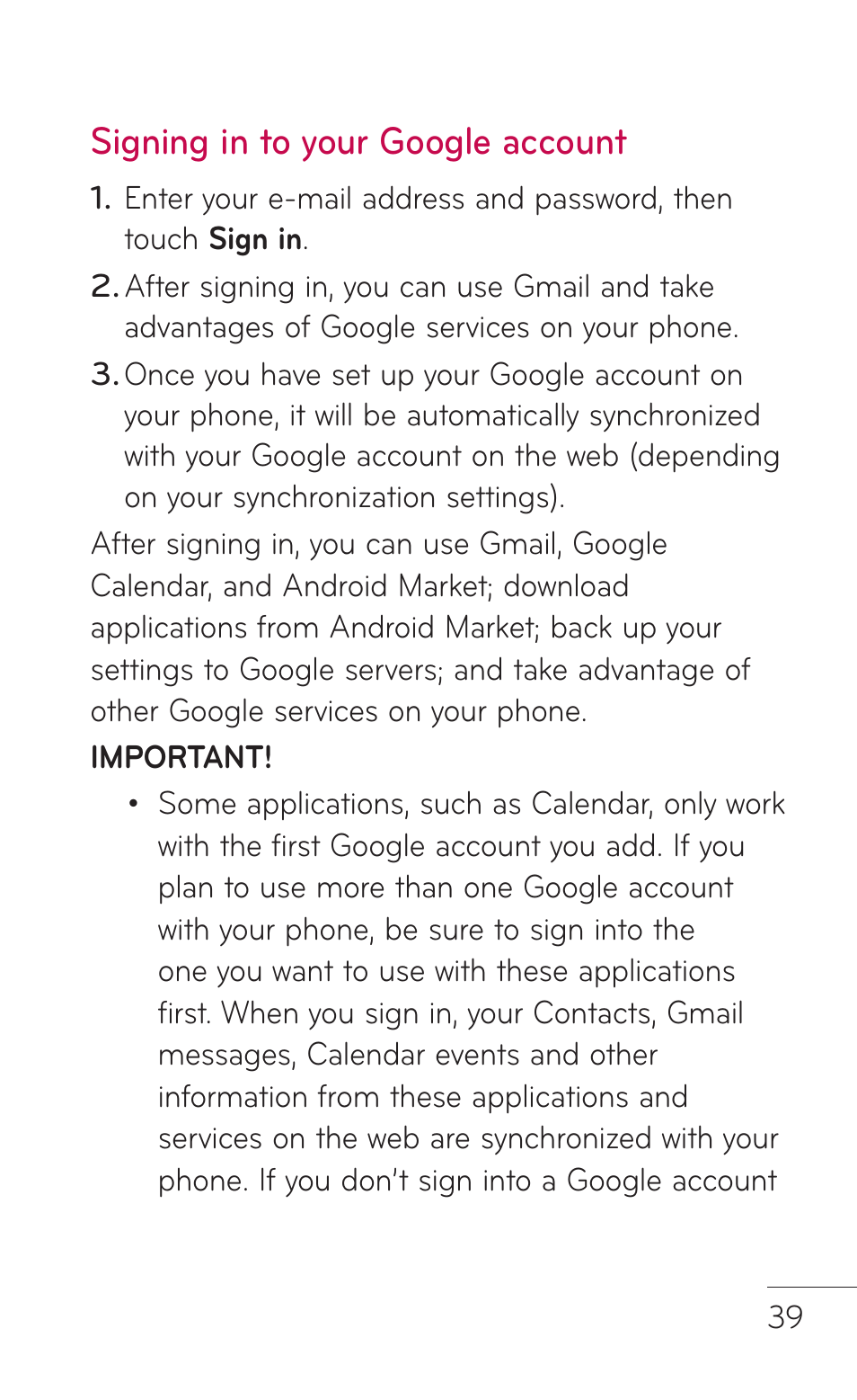 Signing in to your google account | LG P999 User Manual | Page 39 / 336