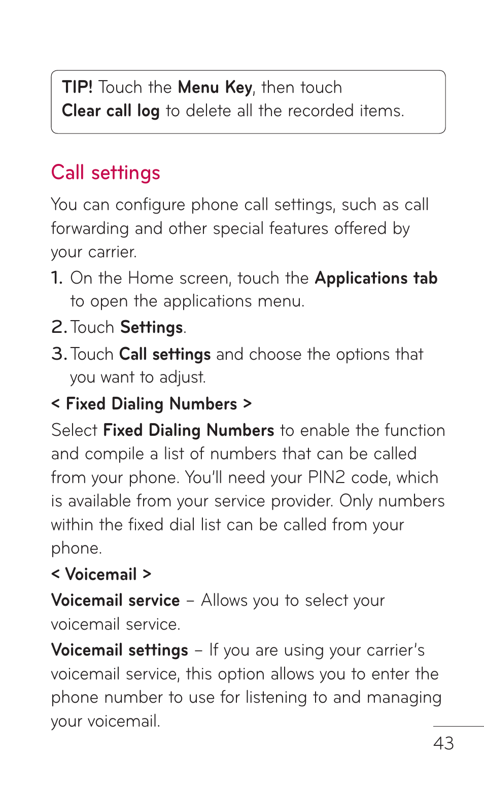 Call settings | LG P999 User Manual | Page 43 / 336