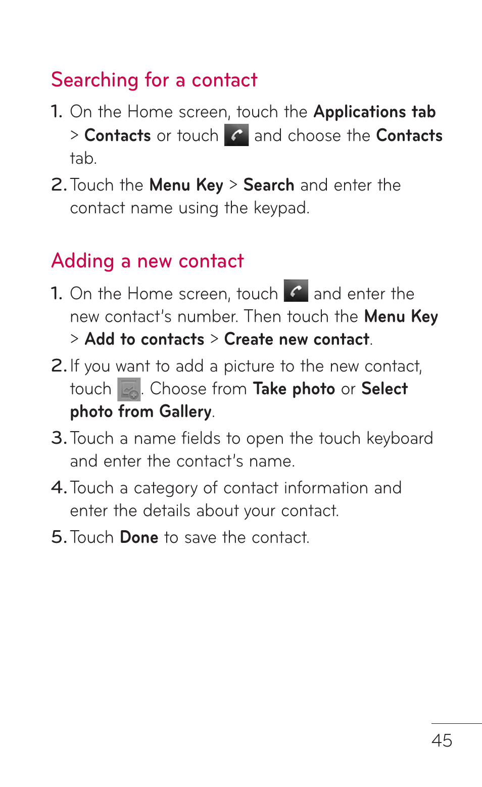 Searching for a contact, Adding a new contact | LG P999 User Manual | Page 45 / 336