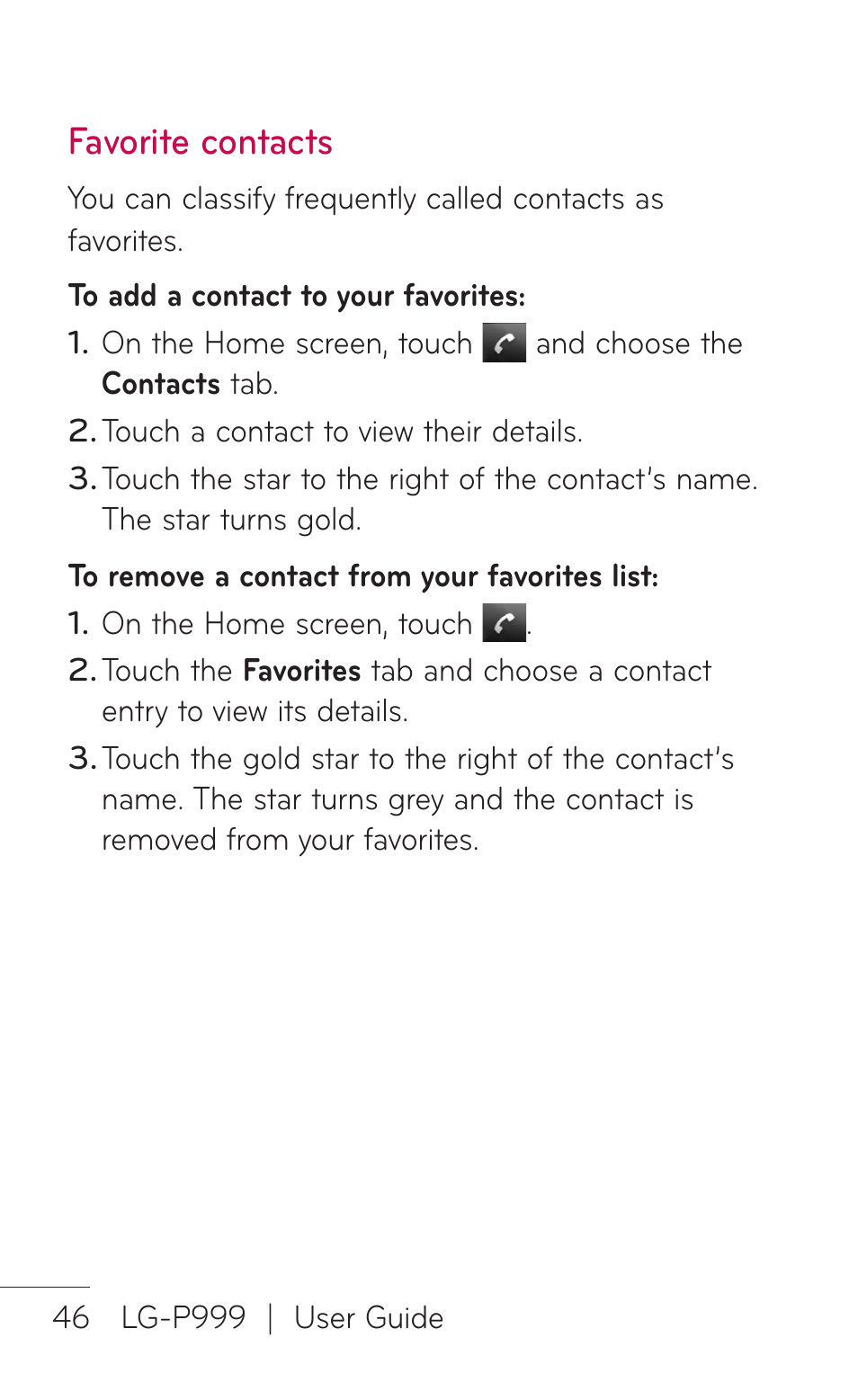 Favorite contacts | LG P999 User Manual | Page 46 / 336