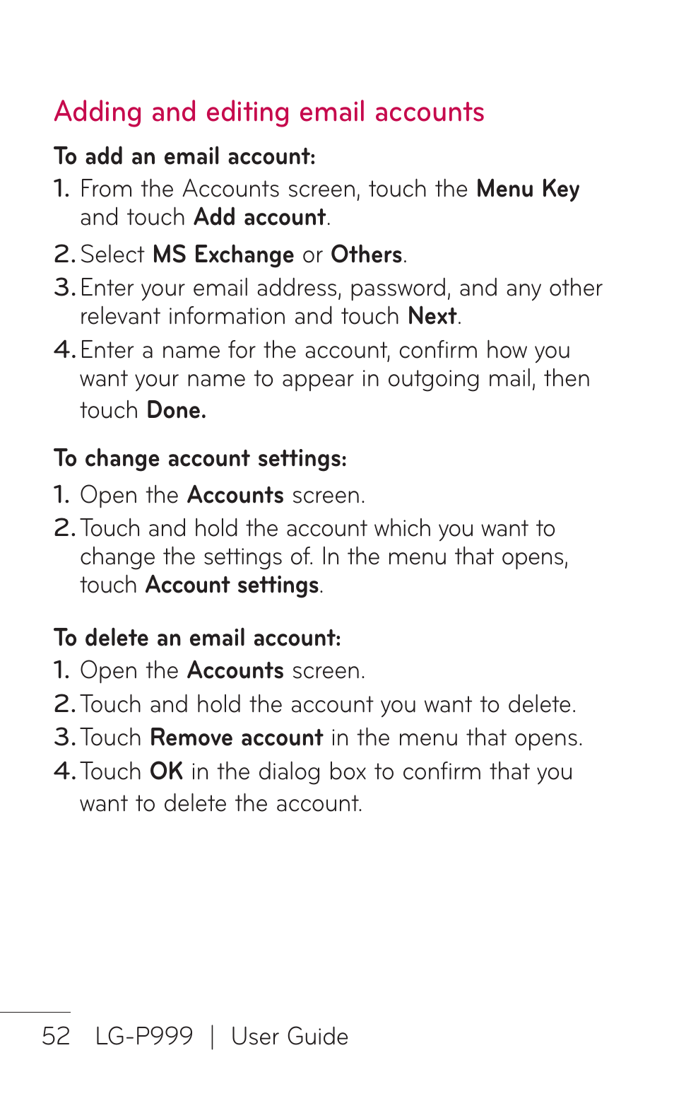 Adding and editing email accounts | LG P999 User Manual | Page 52 / 336