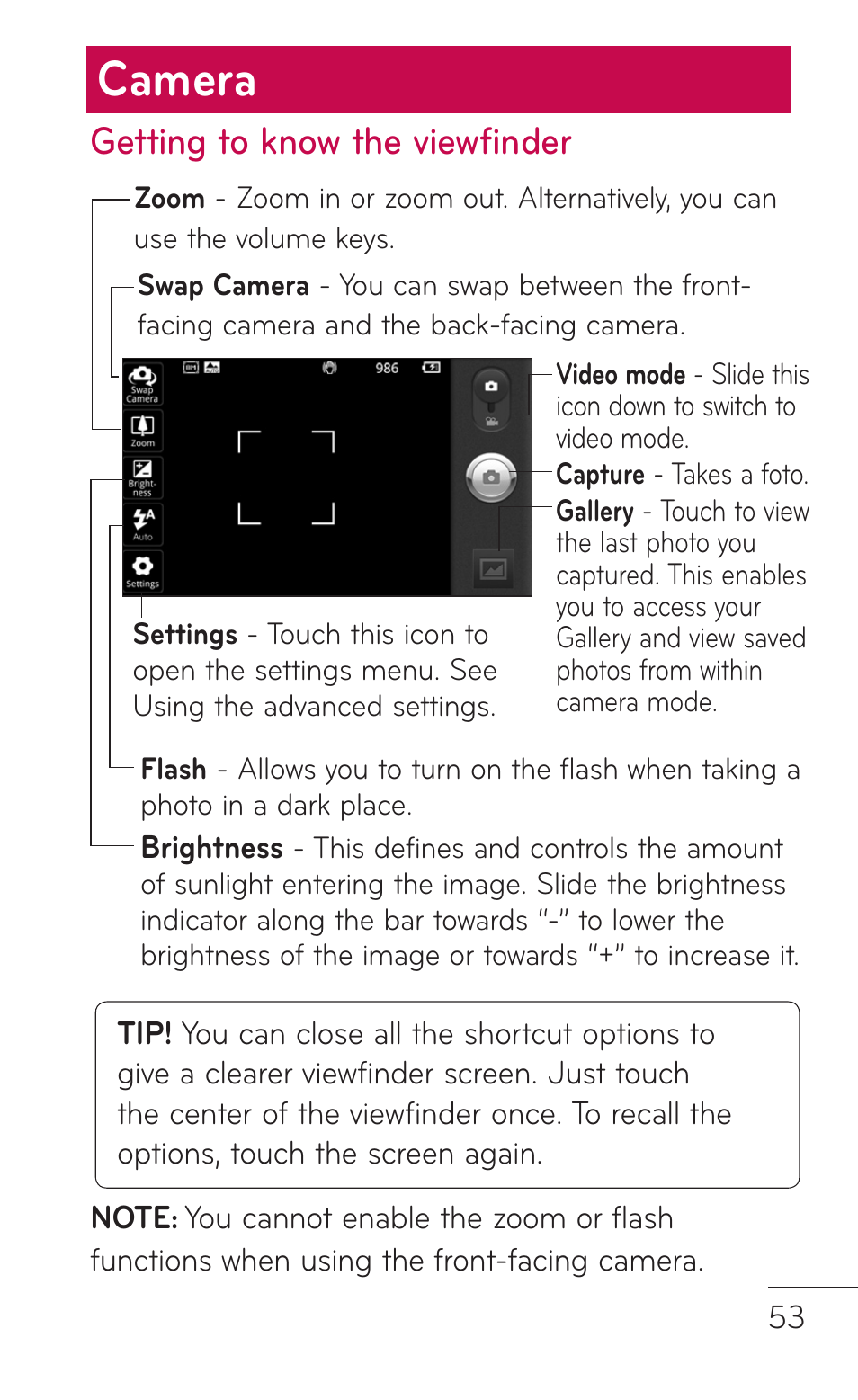 Camera, Getting to know the viewfinder | LG P999 User Manual | Page 53 / 336