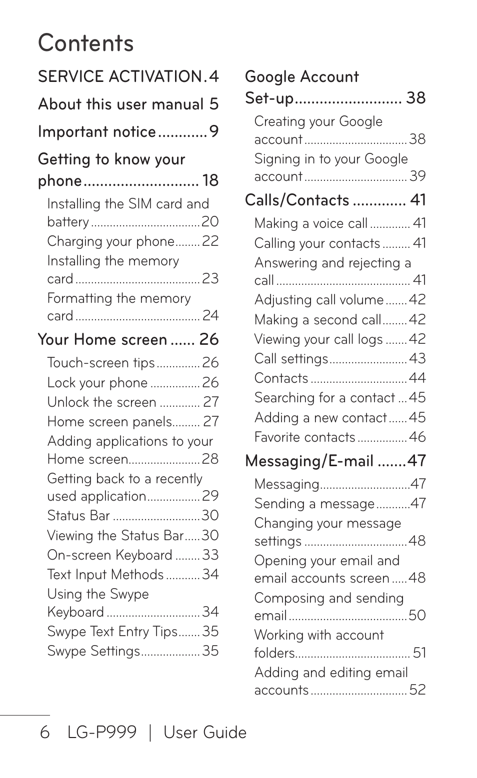 LG P999 User Manual | Page 6 / 336