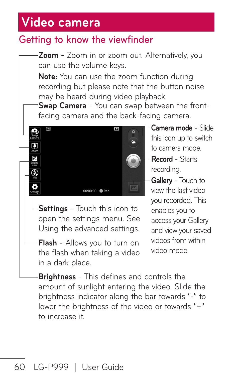 Video camera, Getting to know the viewfinder | LG P999 User Manual | Page 60 / 336