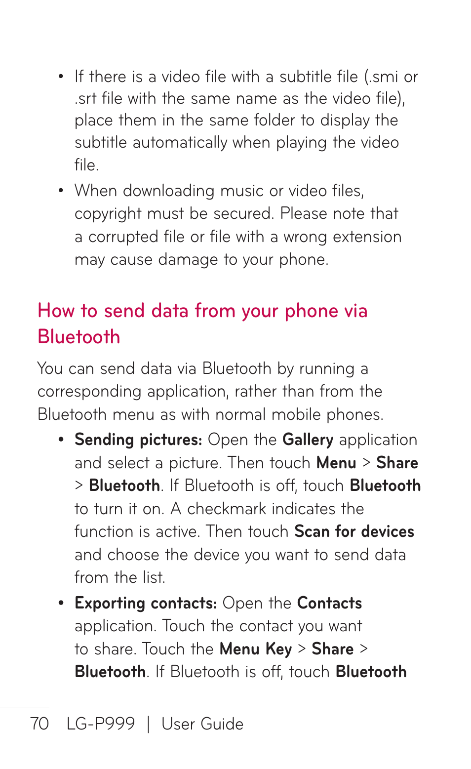 How to send data from your phone via bluetooth | LG P999 User Manual | Page 70 / 336