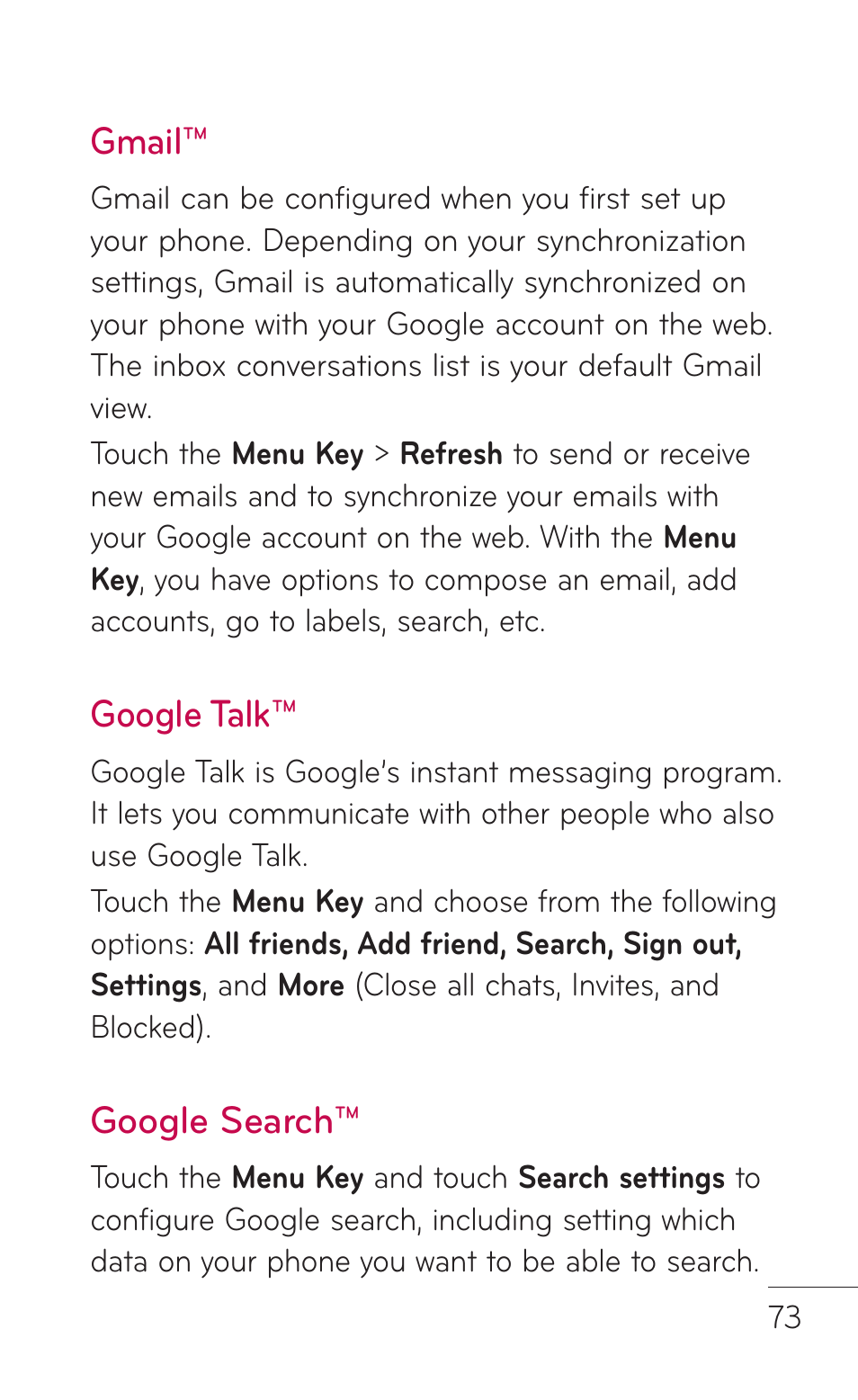 Gmail, Google talk, Google search | LG P999 User Manual | Page 73 / 336