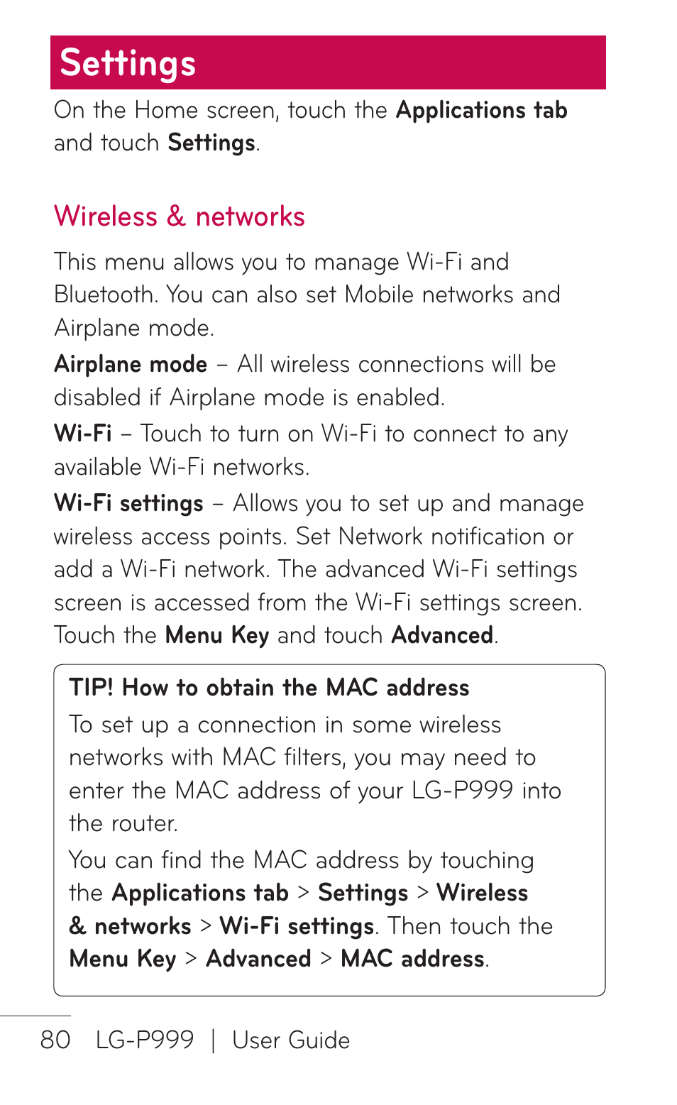 Settings, Wireless & networks | LG P999 User Manual | Page 80 / 336