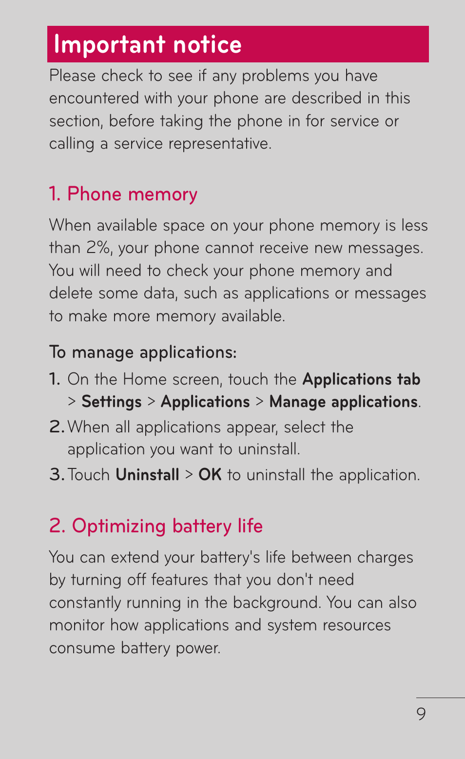 Important notice, Optimizing battery life | LG P999 User Manual | Page 9 / 336