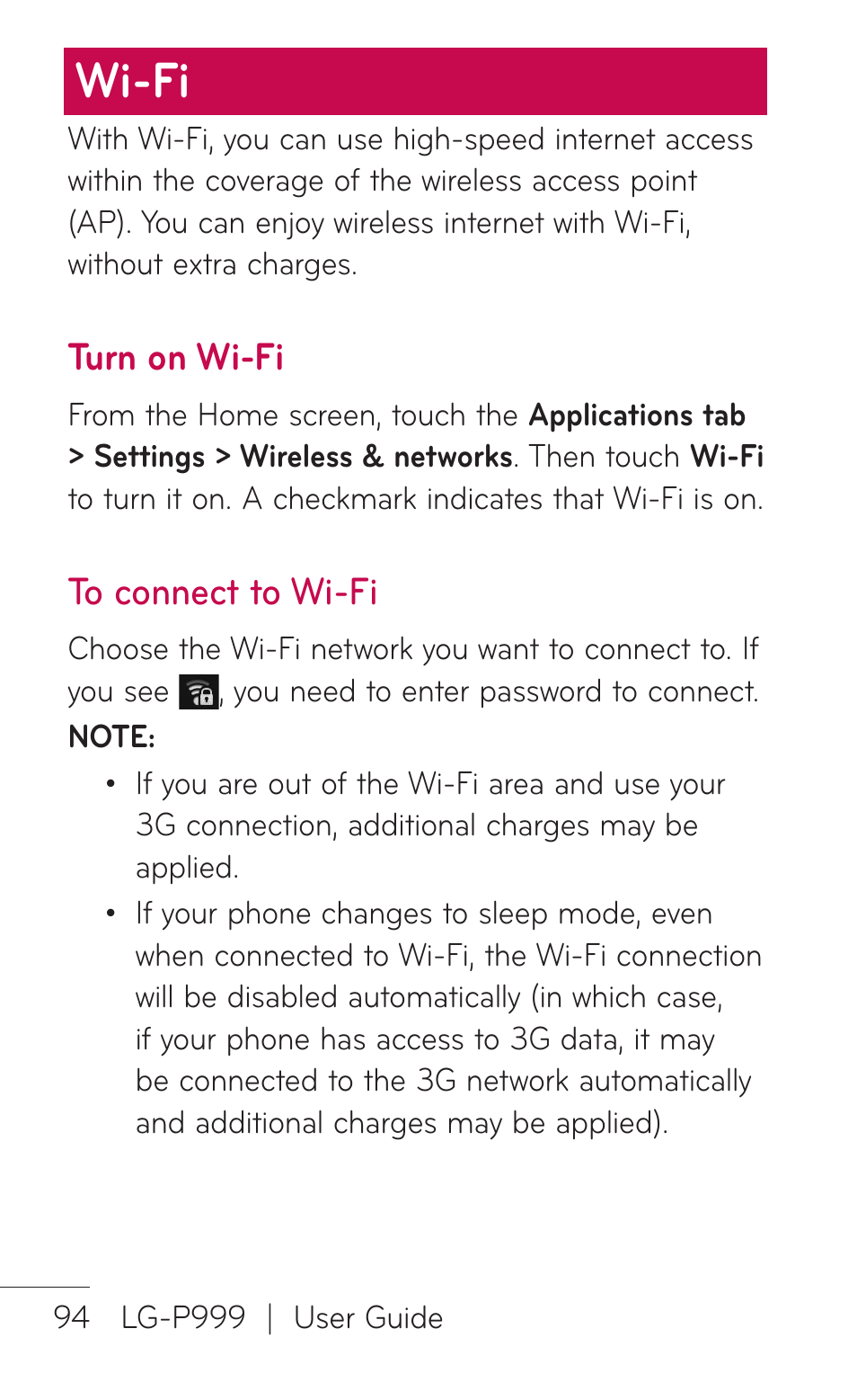 Wi-fi, Turn on wi-fi, To connect to wi-fi | LG P999 User Manual | Page 94 / 336