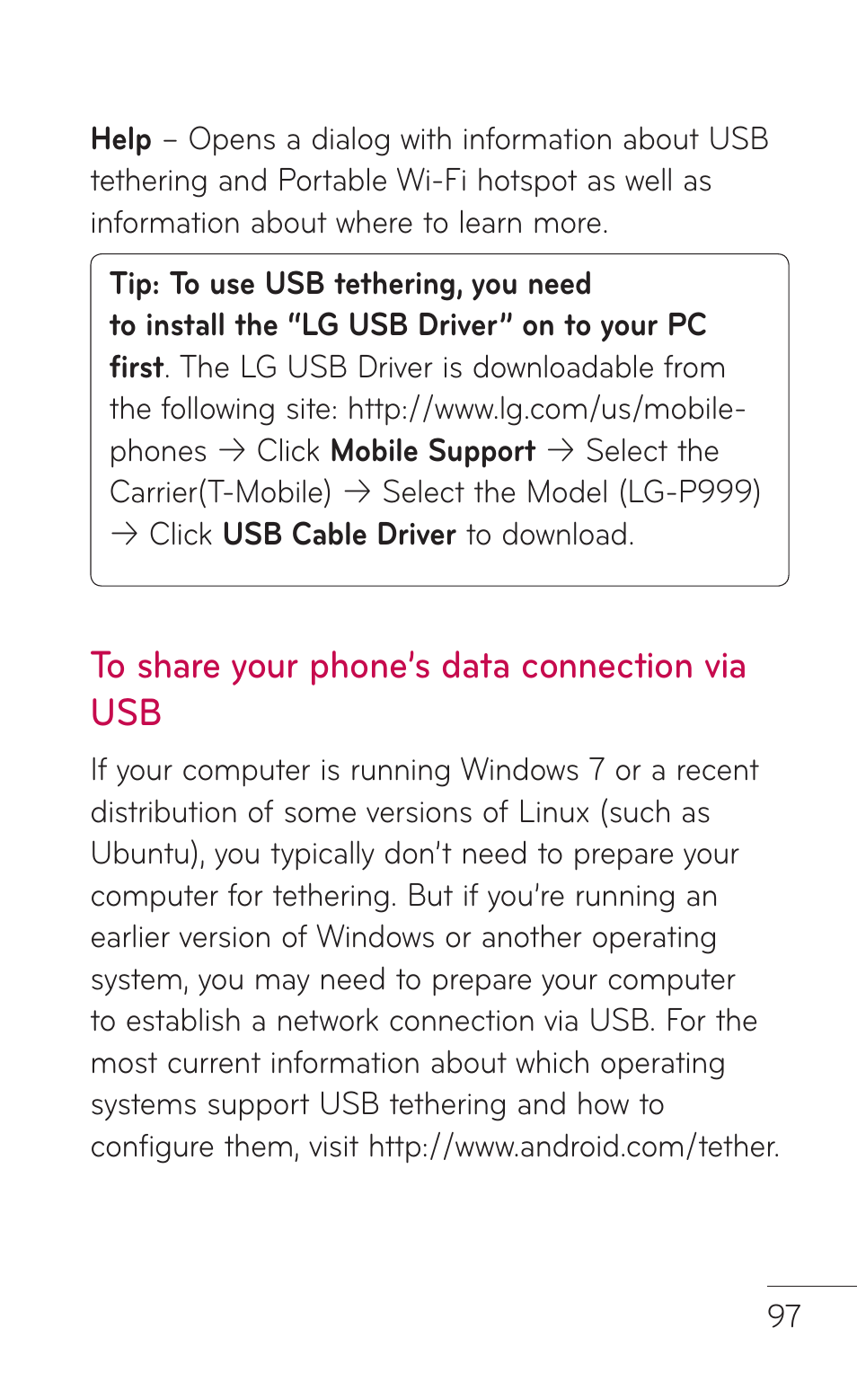 To share your phone’s data connection via usb | LG P999 User Manual | Page 97 / 336