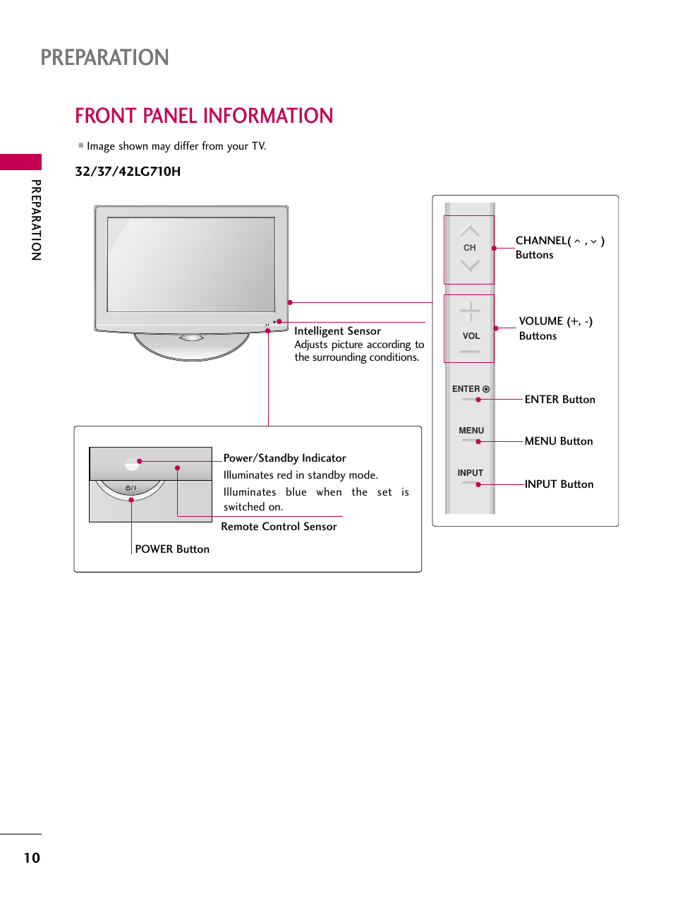 Front panel information, Preparation | LG 47LD650H User Manual | Page 10 / 167