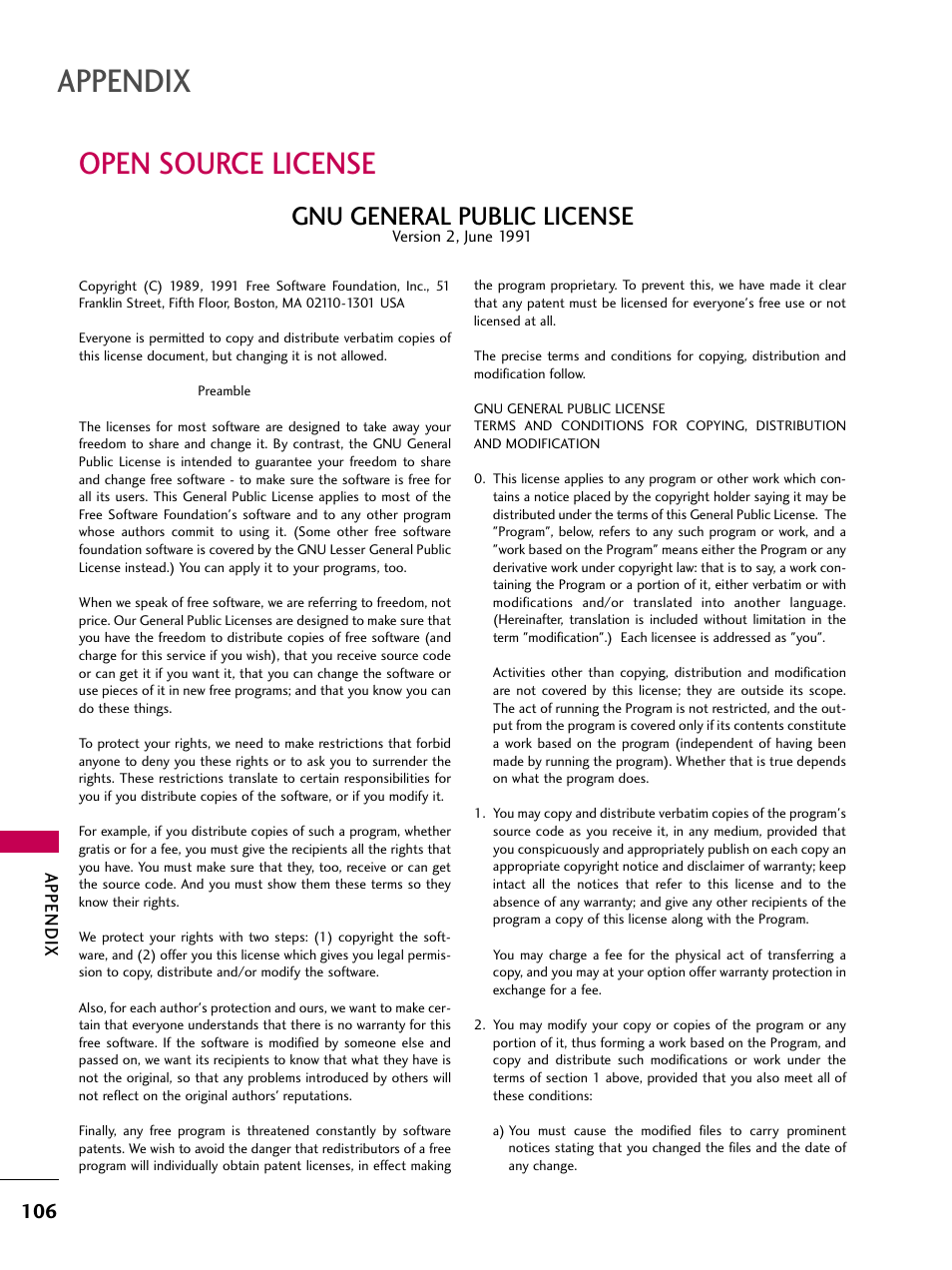 Open source license, Appendix, Gnu general public license | LG 47LD650H User Manual | Page 106 / 167