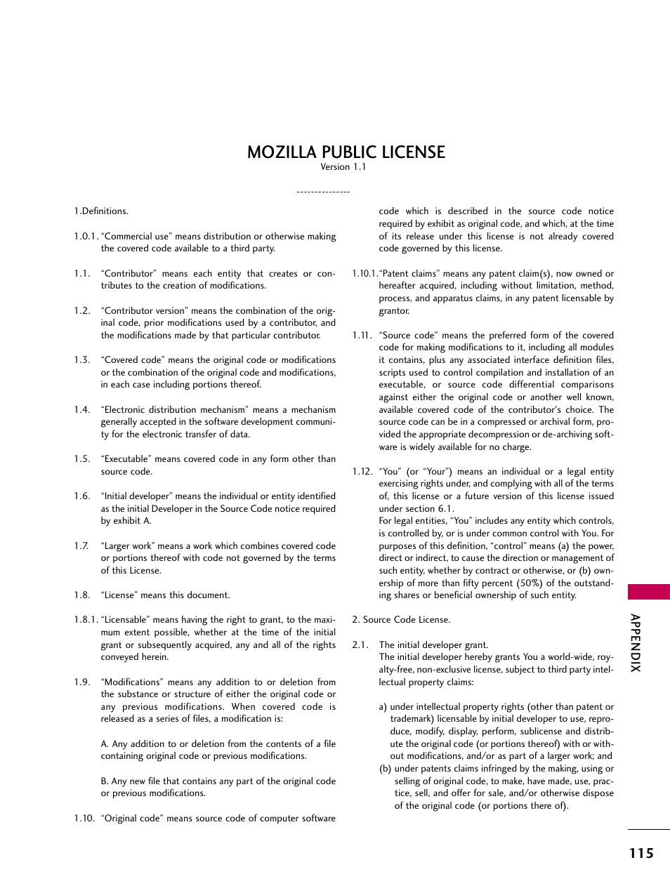 Mozilla public license, Appendix | LG 47LD650H User Manual | Page 115 / 167