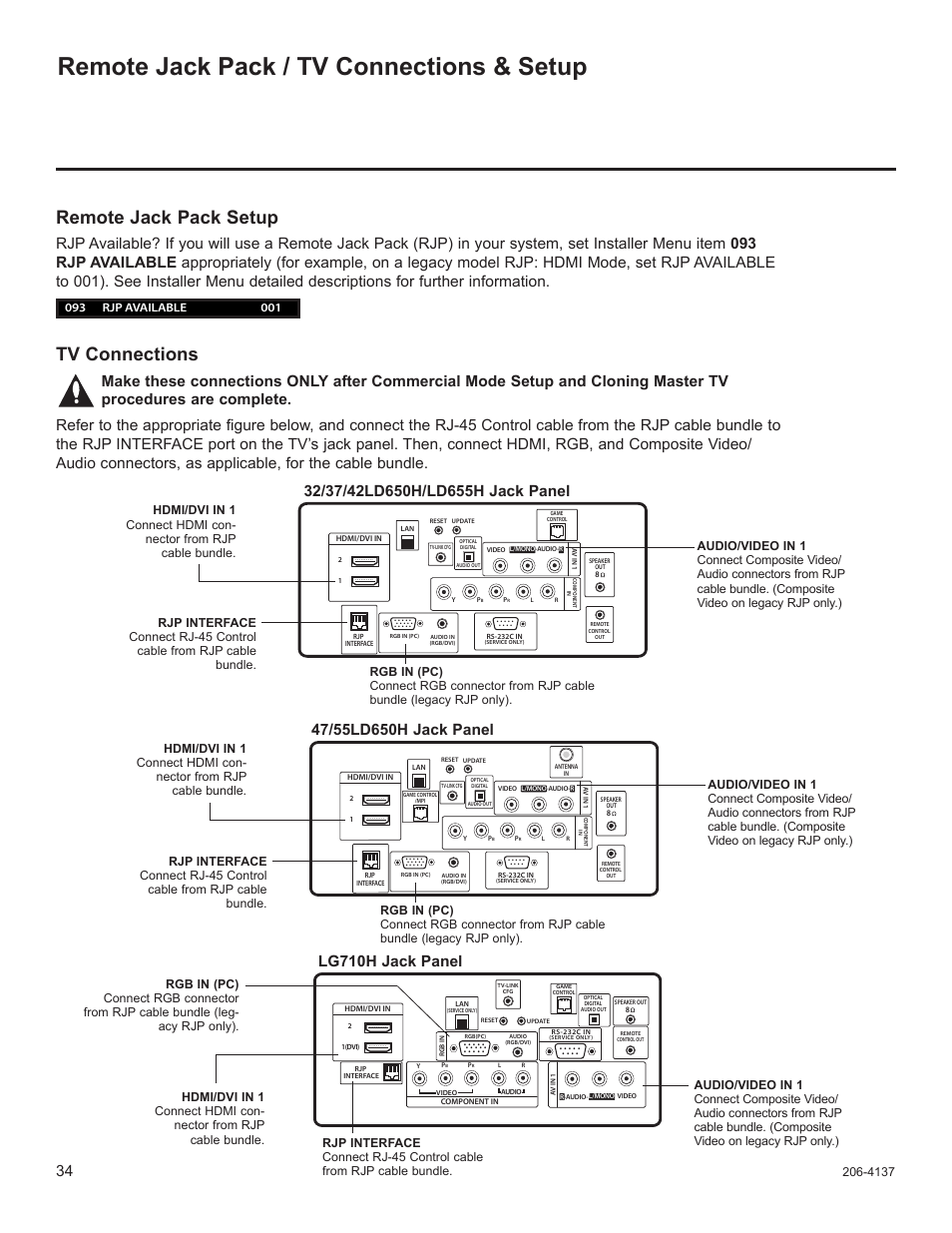 Remote jack pack / tv connections & setup, Remote jack pack setup, Tv connections | Lg710h jack panel | LG 47LD650H User Manual | Page 153 / 167