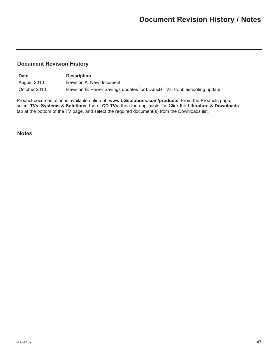 Document revision history / notes | LG 47LD650H User Manual | Page 166 / 167