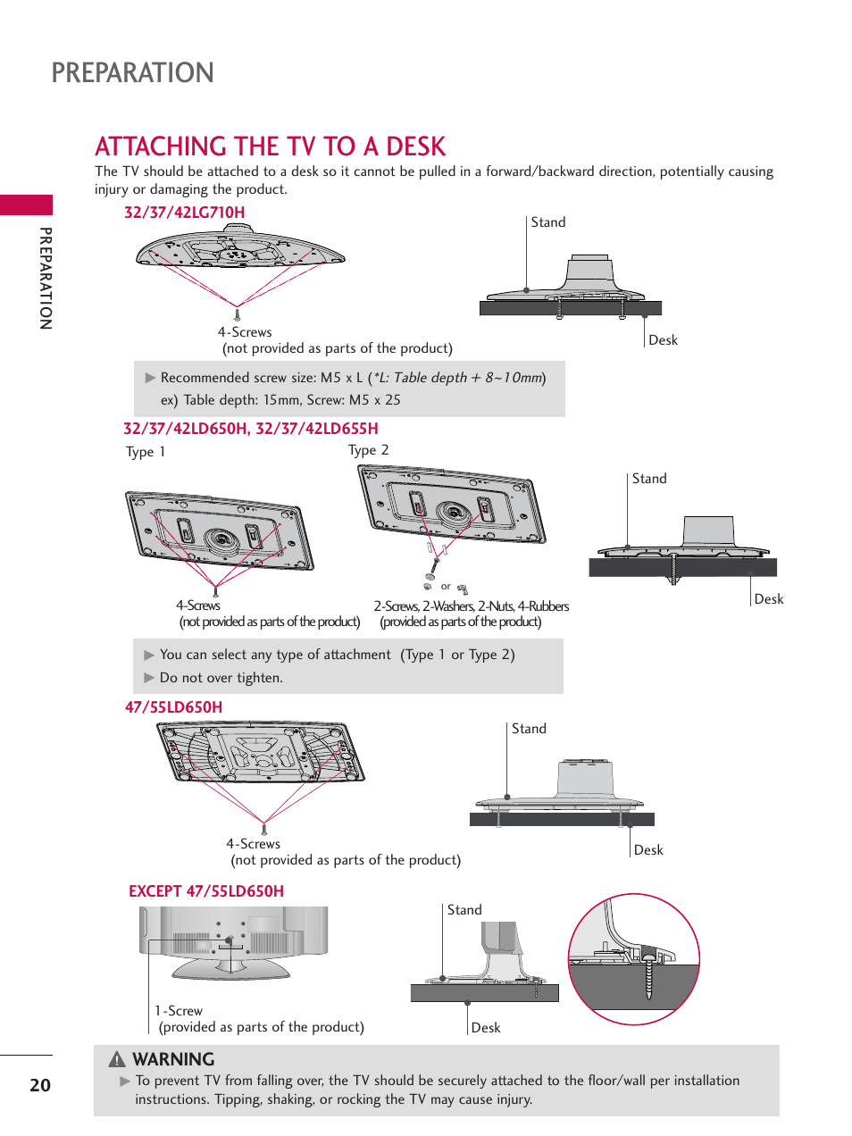 Attaching the tv to a desk, Preparation, Warning | LG 47LD650H User Manual | Page 20 / 167