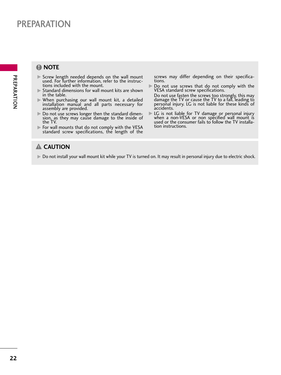 Preparation, Caution | LG 47LD650H User Manual | Page 22 / 167