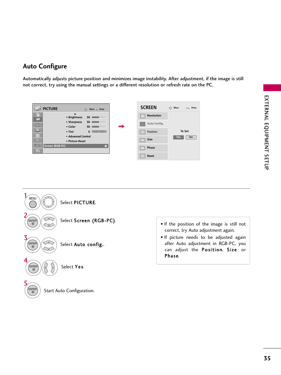 Auto configure, External eq uipment setup | LG 47LD650H User Manual | Page 35 / 167