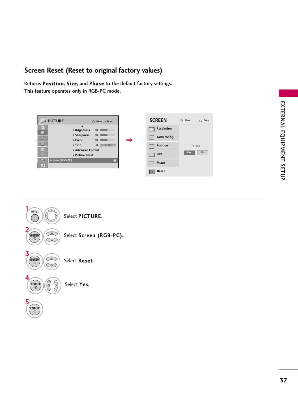 Screen reset (reset to original factory values), External eq uipment setup | LG 47LD650H User Manual | Page 37 / 167