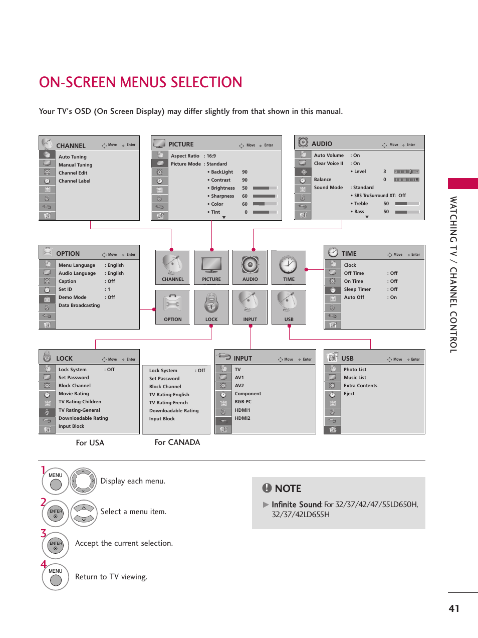 On-screen menus selection, Watching tv / channel contr ol, Return to tv viewing | LG 47LD650H User Manual | Page 41 / 167