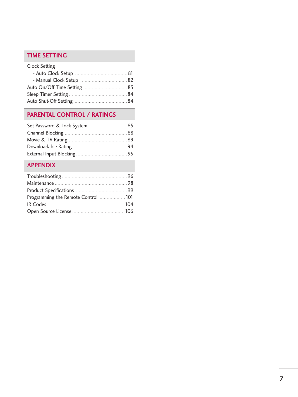 7time setting, Parental control / ratings, Appendix | LG 47LD650H User Manual | Page 7 / 167