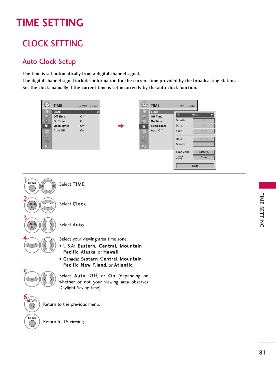 Time setting, Clock setting, Auto clock setup | LG 47LD650H User Manual | Page 81 / 167