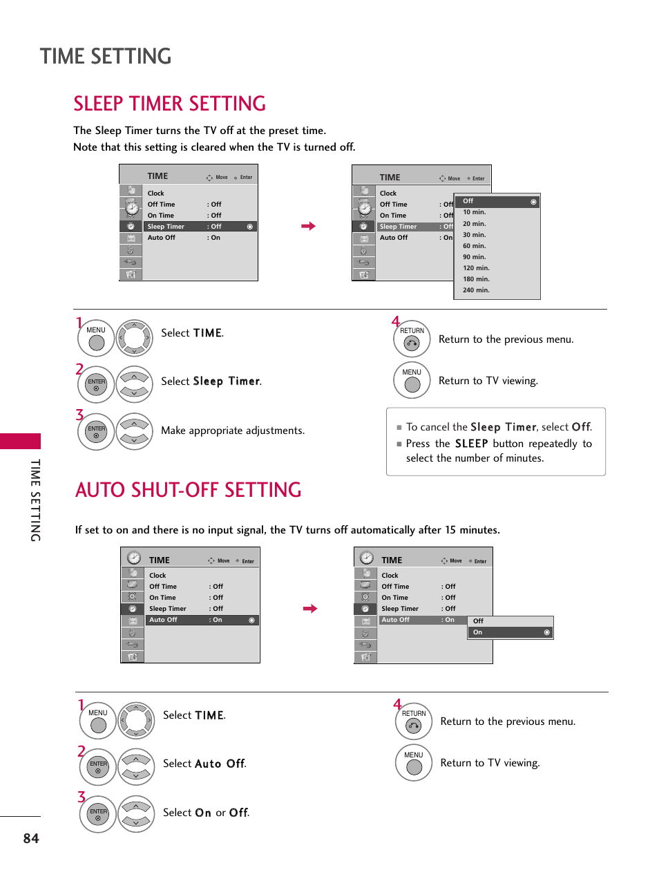 Sleep timer setting, Auto shut-off setting, Time setting | LG 47LD650H User Manual | Page 84 / 167