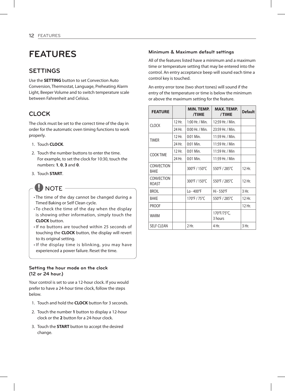 Features, Settings, Clock | LG LSES302ST User Manual | Page 13 / 93