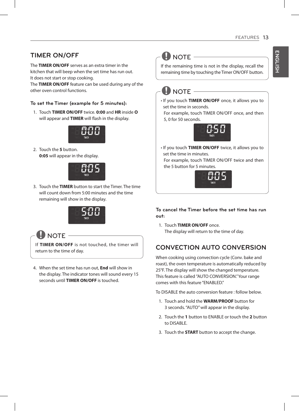 Timer on/off, Convection auto conversion | LG LSES302ST User Manual | Page 14 / 93