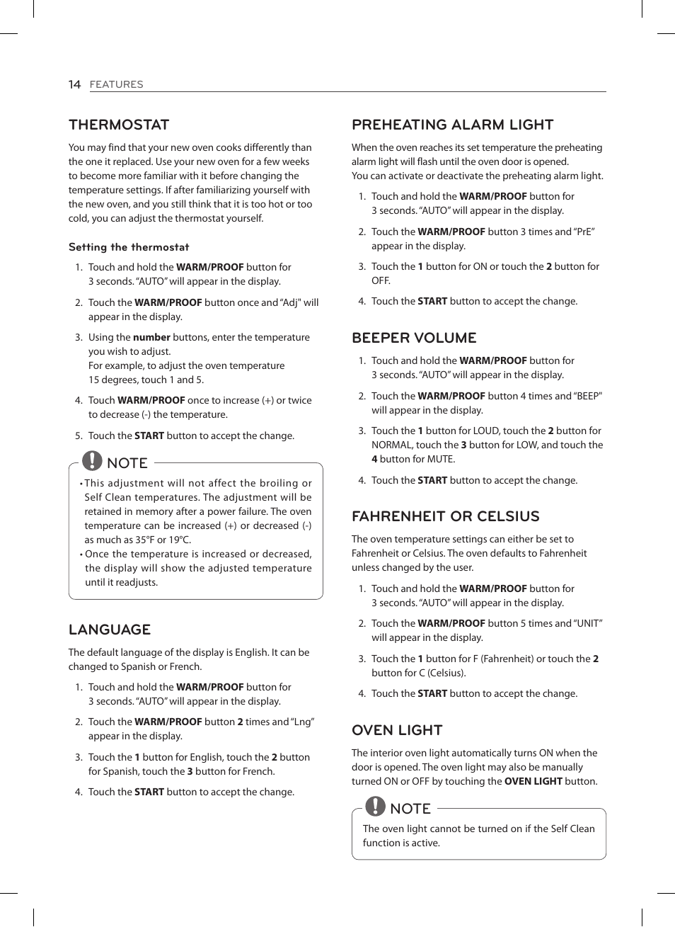 Thermostat, Preheating alarm light, Beeper volume | Fahrenheit or celsius, Oven light | LG LSES302ST User Manual | Page 15 / 93