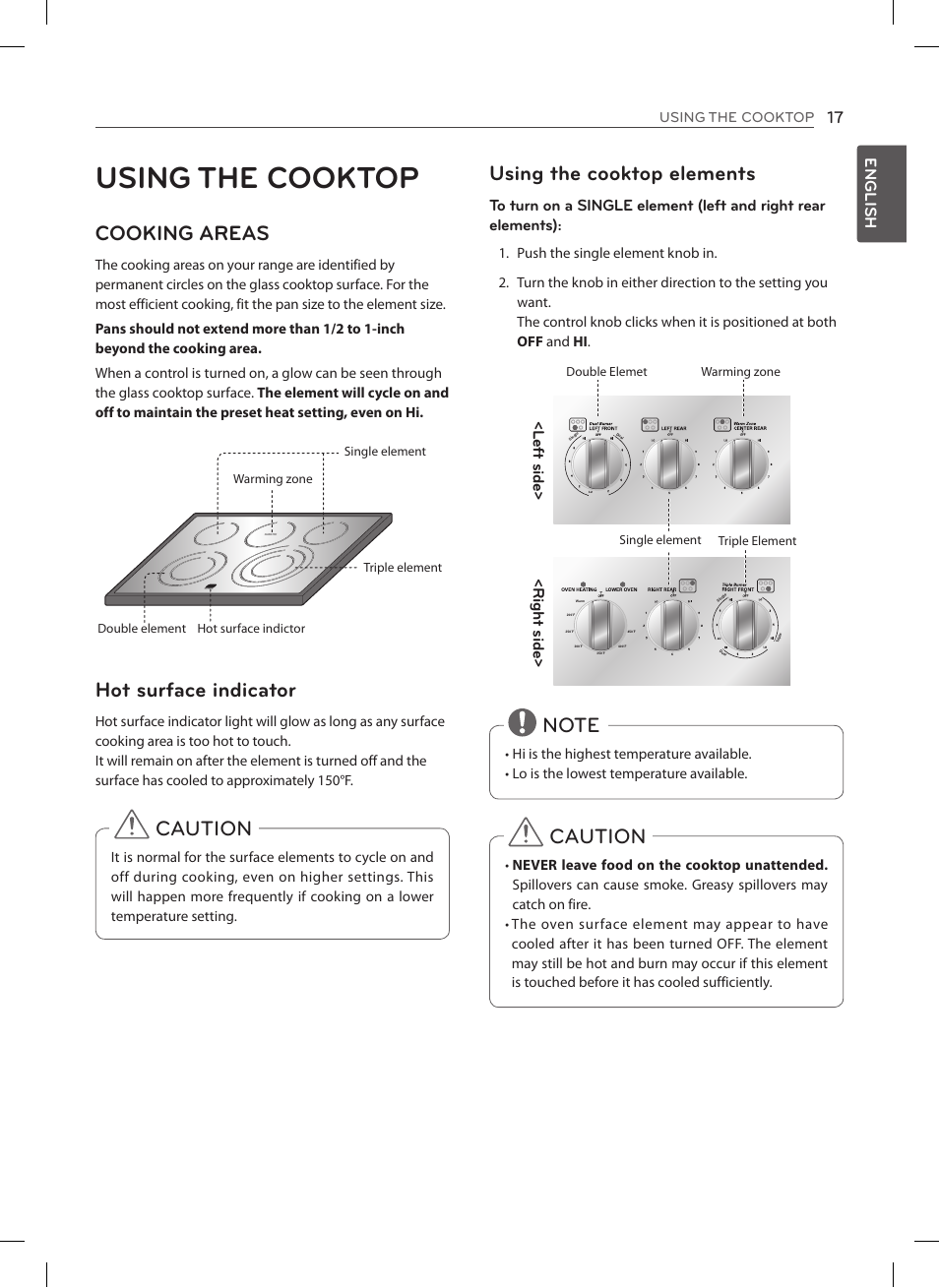 Using the cooktop, Cooking areas, Hot surface indicator | Caution using the cooktop elements, Caution, English, L eft side> <righ t side | LG LSES302ST User Manual | Page 18 / 93