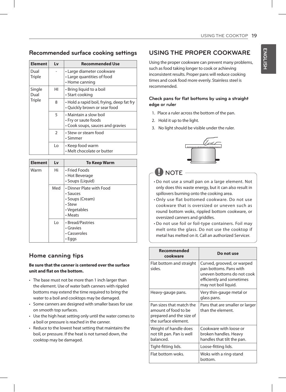 Recommended surface cooking settings, Home canning tips, Using the proper cookware | LG LSES302ST User Manual | Page 20 / 93