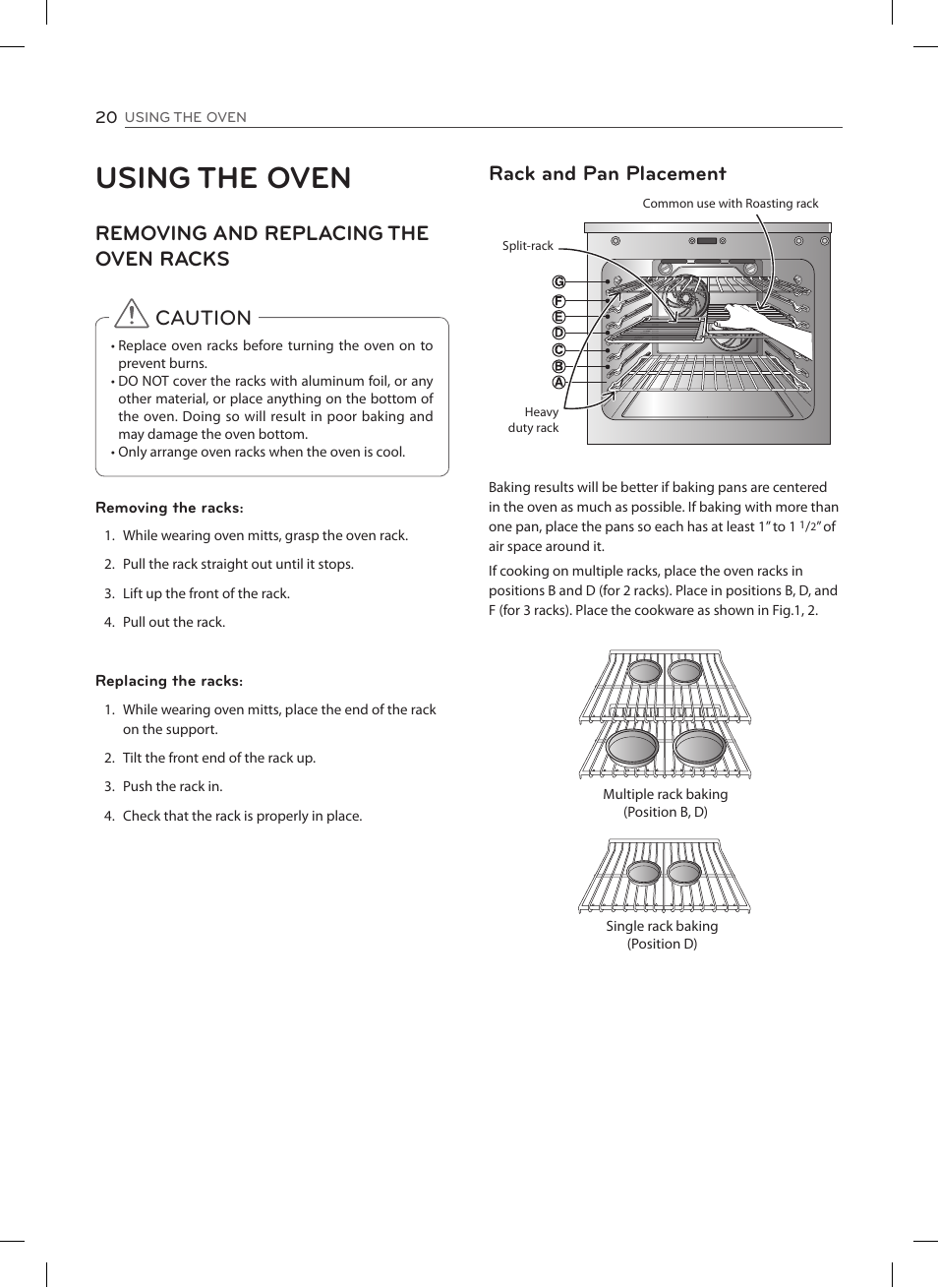 Using the oven, Removing and replacing the oven racks, Caution | Rack and pan placement | LG LSES302ST User Manual | Page 21 / 93