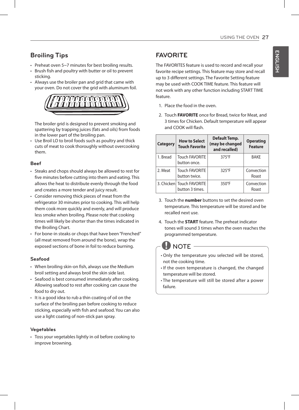 Broiling tips, Favorite | LG LSES302ST User Manual | Page 28 / 93