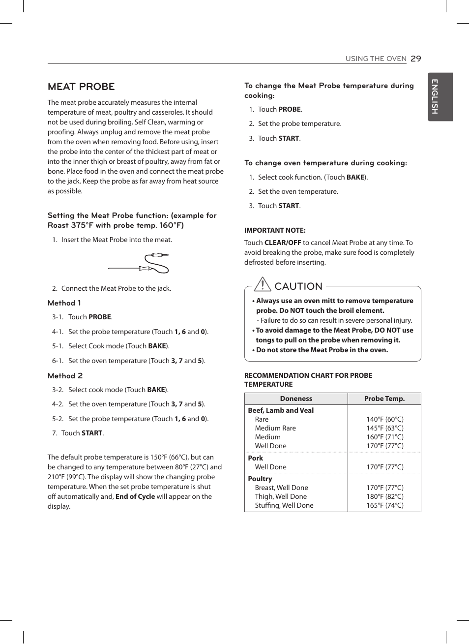Meat probe, Caution | LG LSES302ST User Manual | Page 30 / 93