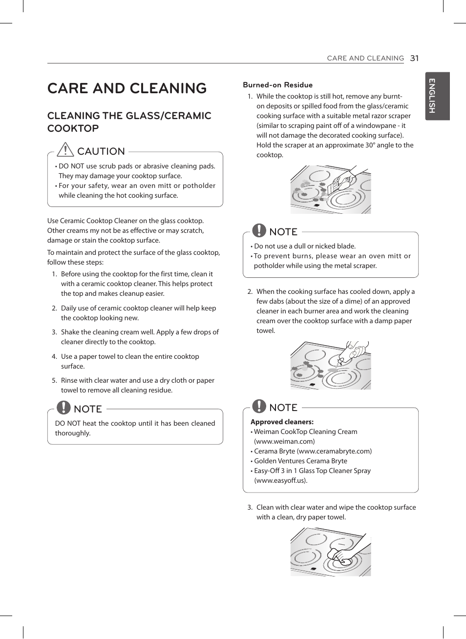 Care and cleaning, Cleaning the glass/ceramic cooktop, Caution | LG LSES302ST User Manual | Page 32 / 93