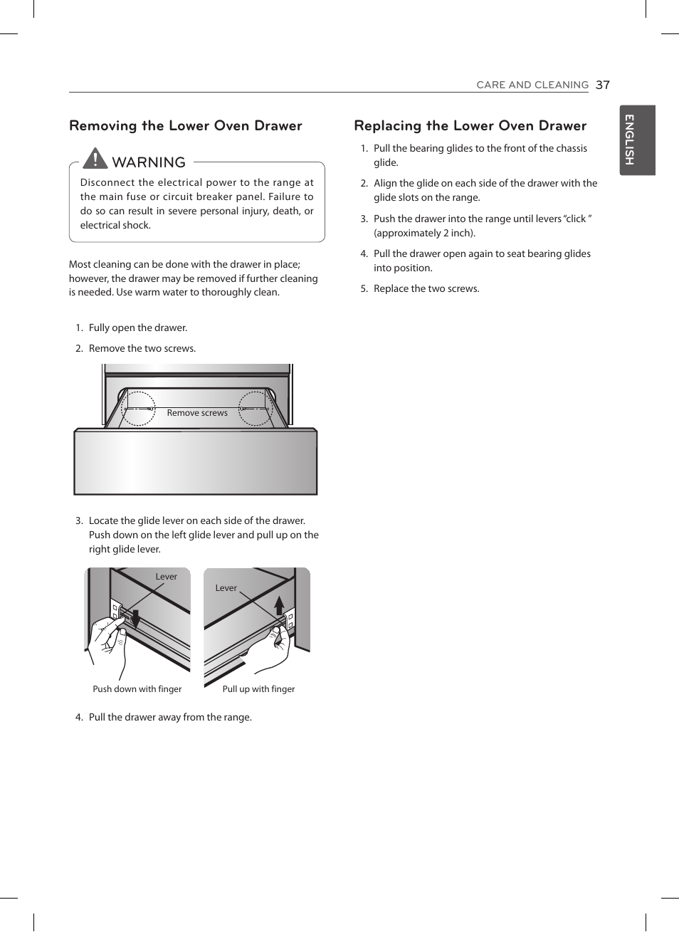 Removing the lower oven drawer, Warning, Replacing the lower oven drawer | LG LSES302ST User Manual | Page 38 / 93