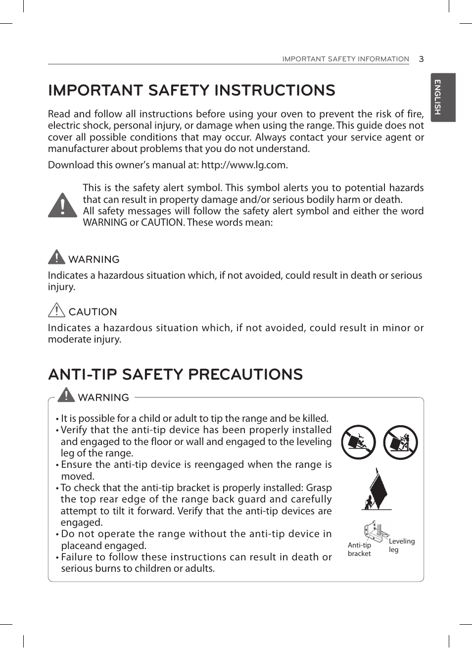 Important safety instructions, Anti-tip safety precautions | LG LSES302ST User Manual | Page 4 / 93