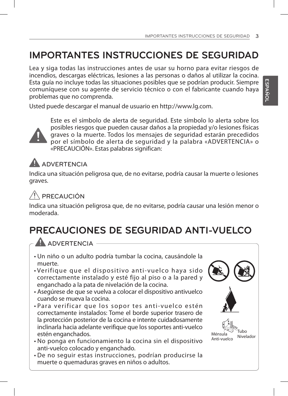 Importantes instrucciones de seguridad, Precauciones de seguridad anti-vuelco | LG LSES302ST User Manual | Page 48 / 93