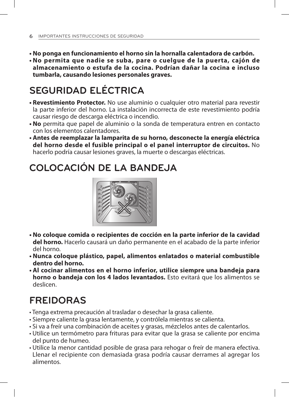 Seguridad eléctrica, Colocación de la bandeja, Freidoras | LG LSES302ST User Manual | Page 51 / 93