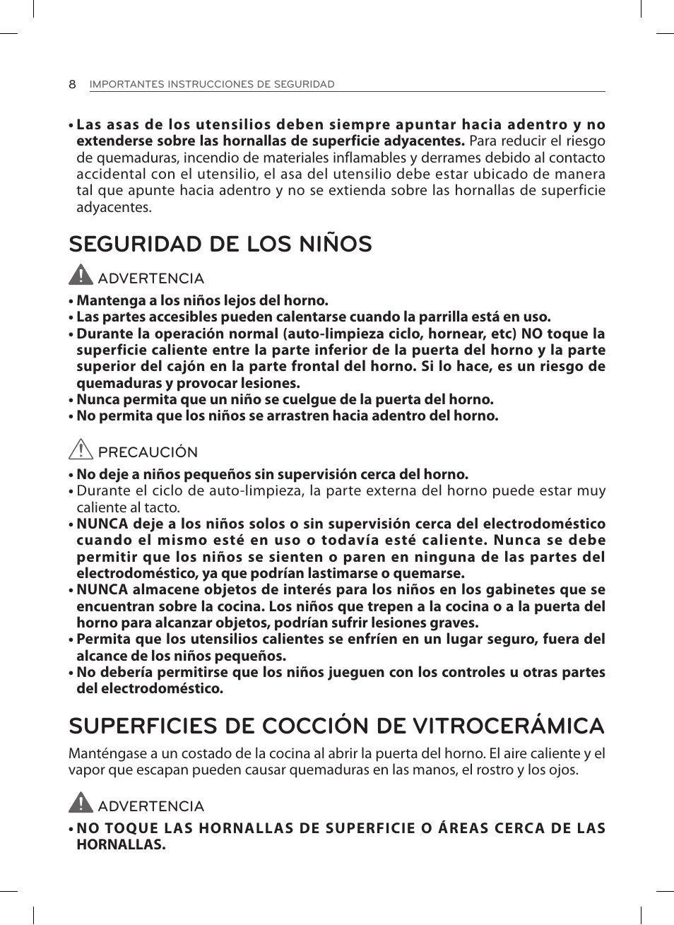 Seguridad de los niños, Superficies de cocción de vitrocerámica | LG LSES302ST User Manual | Page 53 / 93