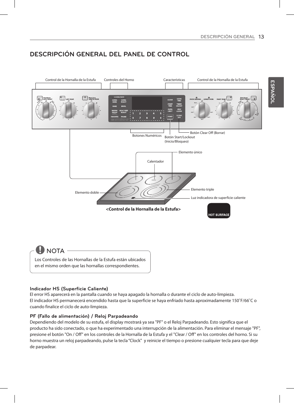 Descripción general del panel de control, Nota, Esp añol | Indicador hs (superficie caliente), Pf (fallo de alimentación) / reloj parpadeando, Descripción general, Control de la hornalla de la estufa | LG LSES302ST User Manual | Page 58 / 93