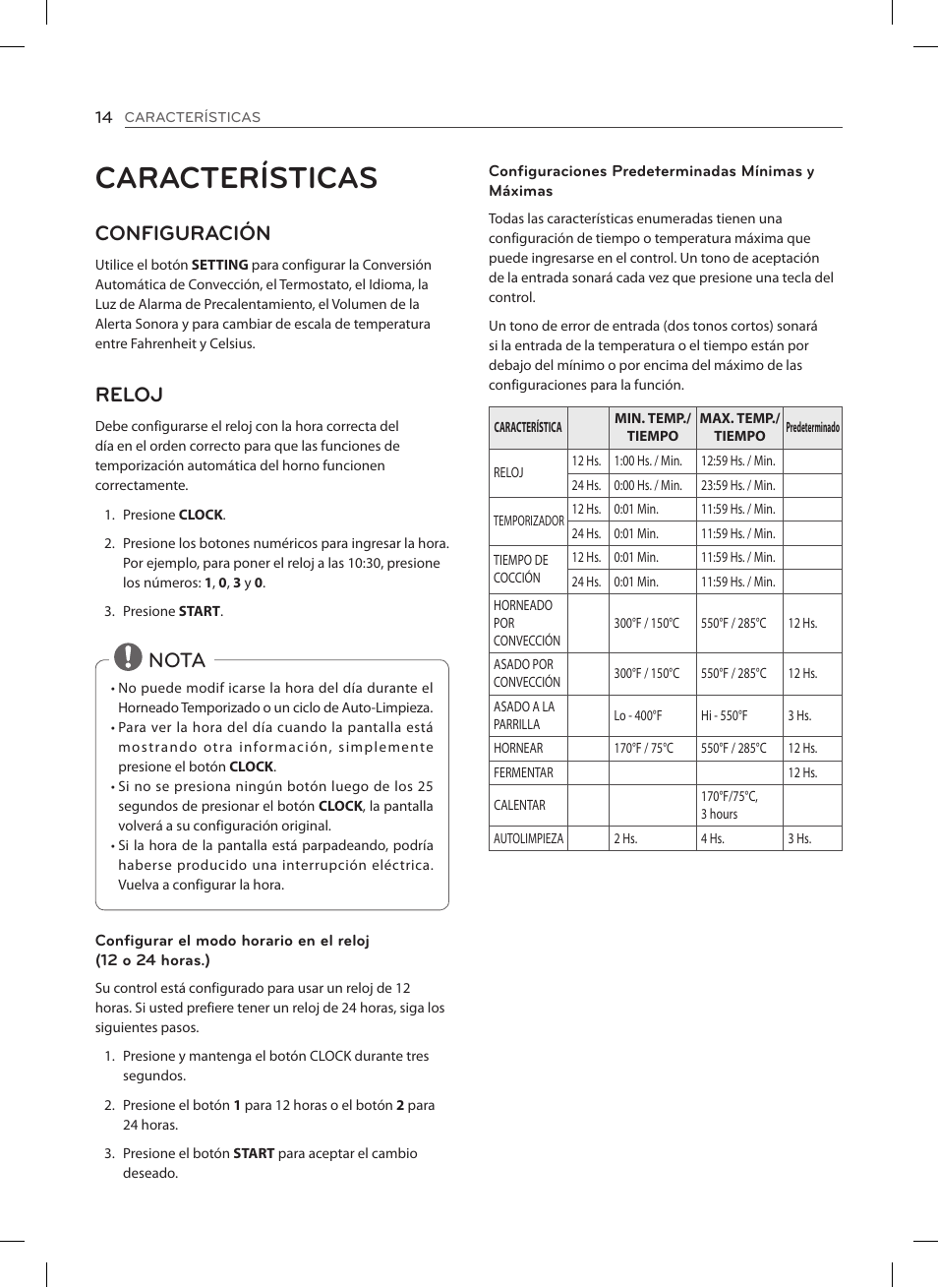Características, Configuración, Reloj | Nota | LG LSES302ST User Manual | Page 59 / 93