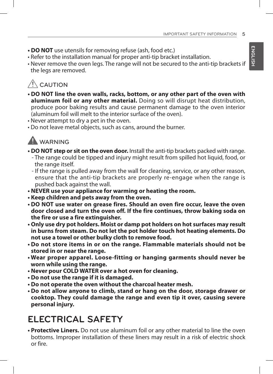 Electrical safety | LG LSES302ST User Manual | Page 6 / 93