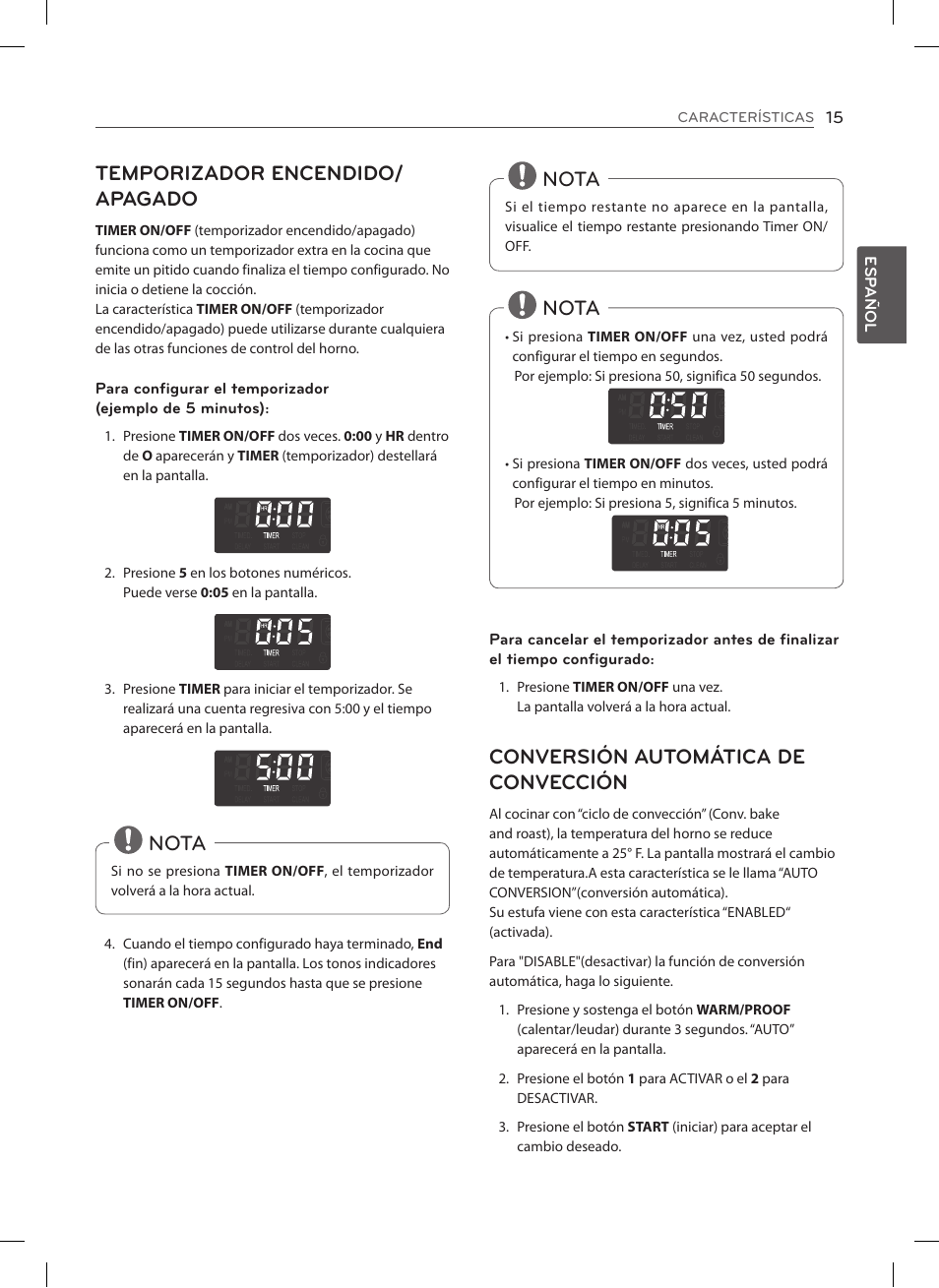 Temporizador encendido/ apagado, Nota, Conversión automática de convección | LG LSES302ST User Manual | Page 60 / 93