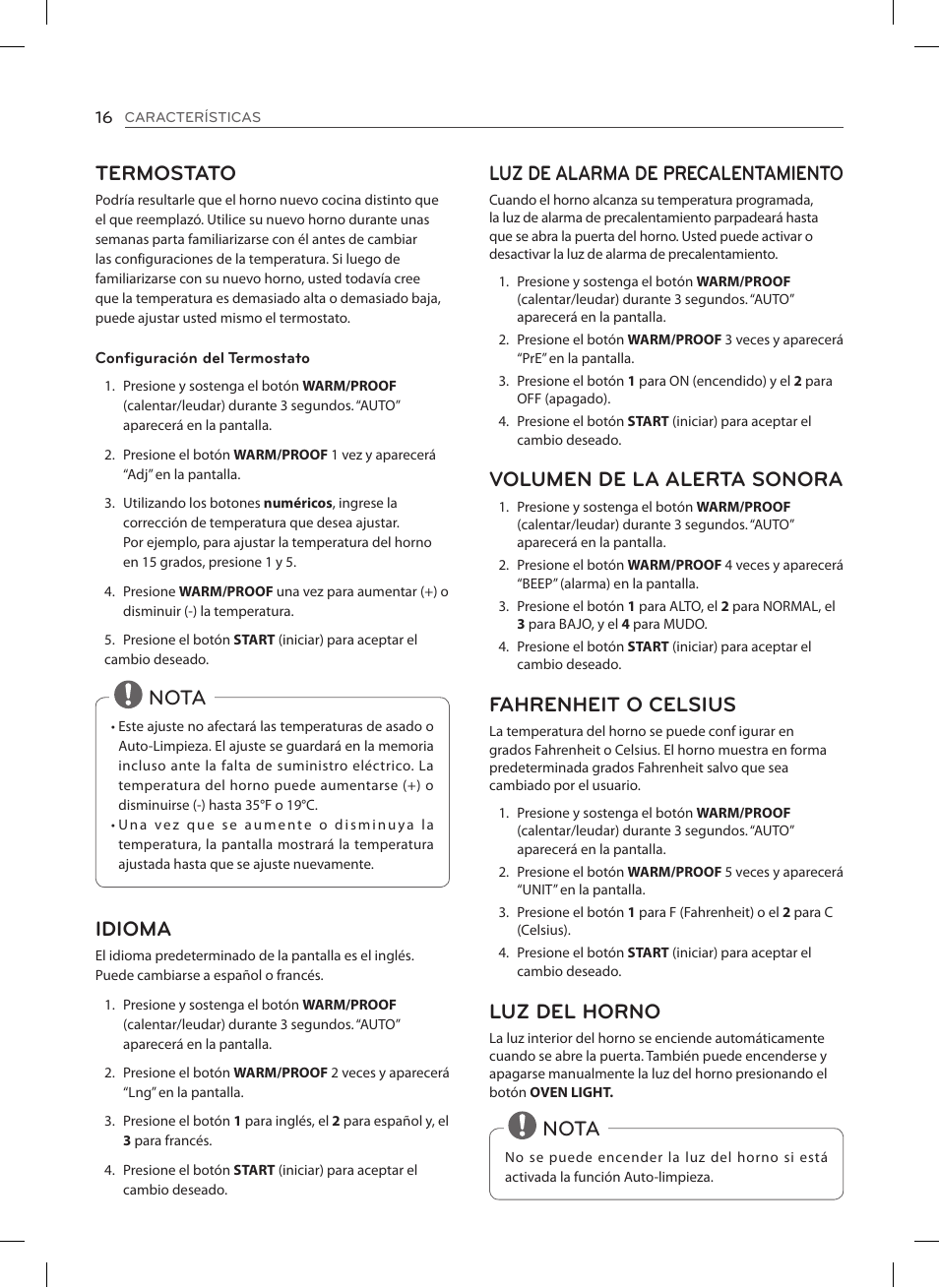 Termostato, Nota idioma, Luz de alarma de precalentamiento | Volumen de la alerta sonora, Fahrenheit o celsius, Luz del horno, Nota | LG LSES302ST User Manual | Page 61 / 93