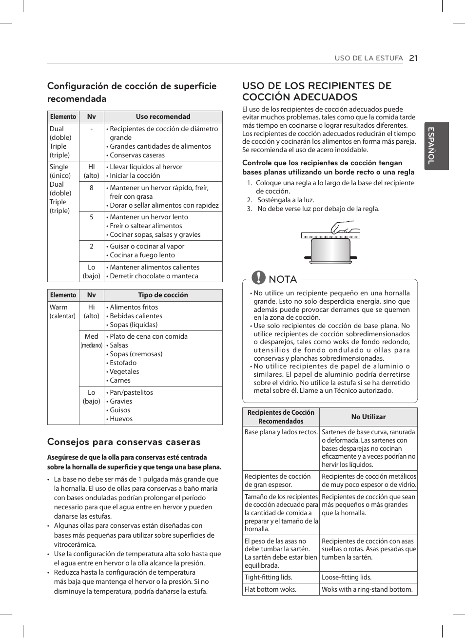 Configuración de cocción de superficie recomendada, Consejos para conservas caseras, Uso de los recipientes de cocción adecuados | Nota | LG LSES302ST User Manual | Page 66 / 93
